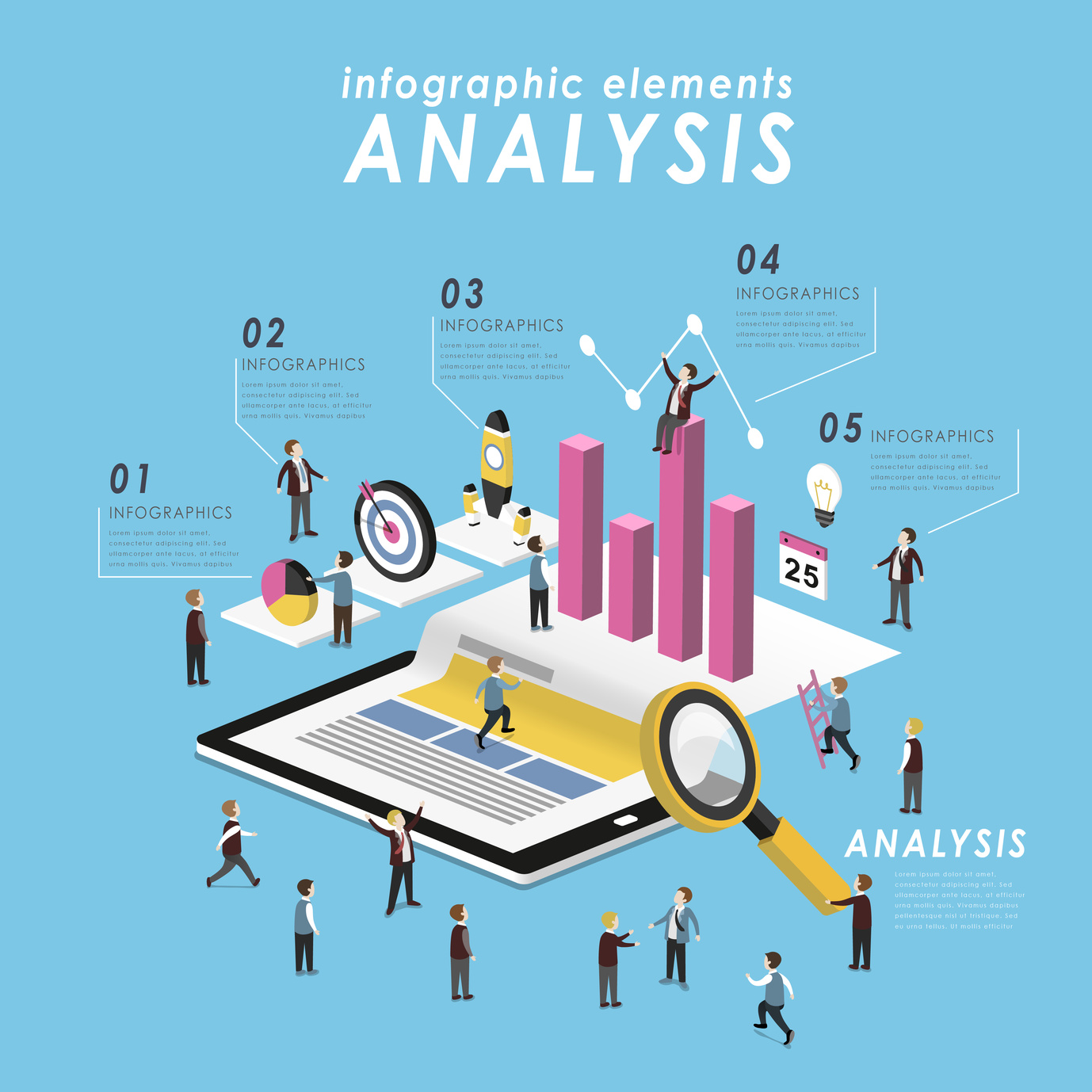 Business analysis concept with tablet and growing graph in 3d isometric flat style
